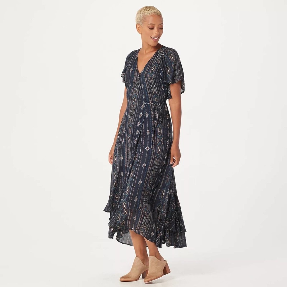 Haute Hippie Boho Ikat Maxi Wrap Dress Ruffle Sleeves Surplice Neckline Size S
